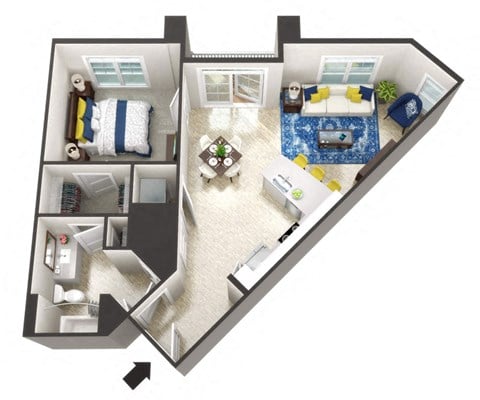 Floor plan for 1 bed, 1 bath, 782 sqft